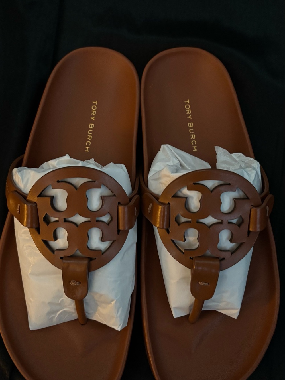 Tory Burch Brown Logo Cutout Leather Slide Sandals